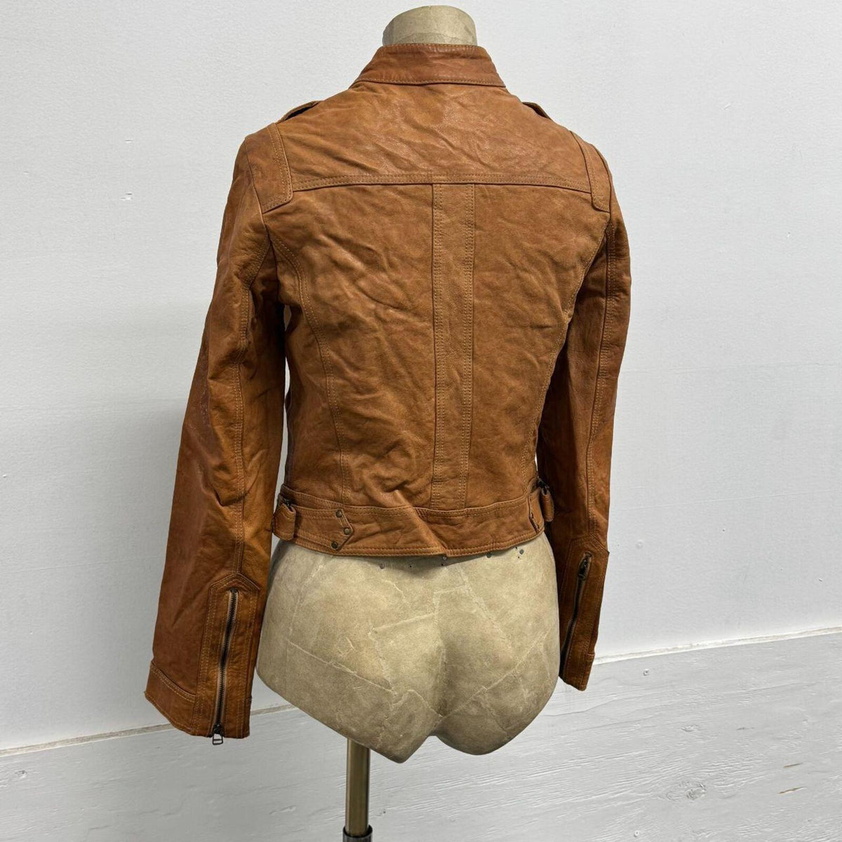 Vintage Tan Cargo Moto Leather Jacket
