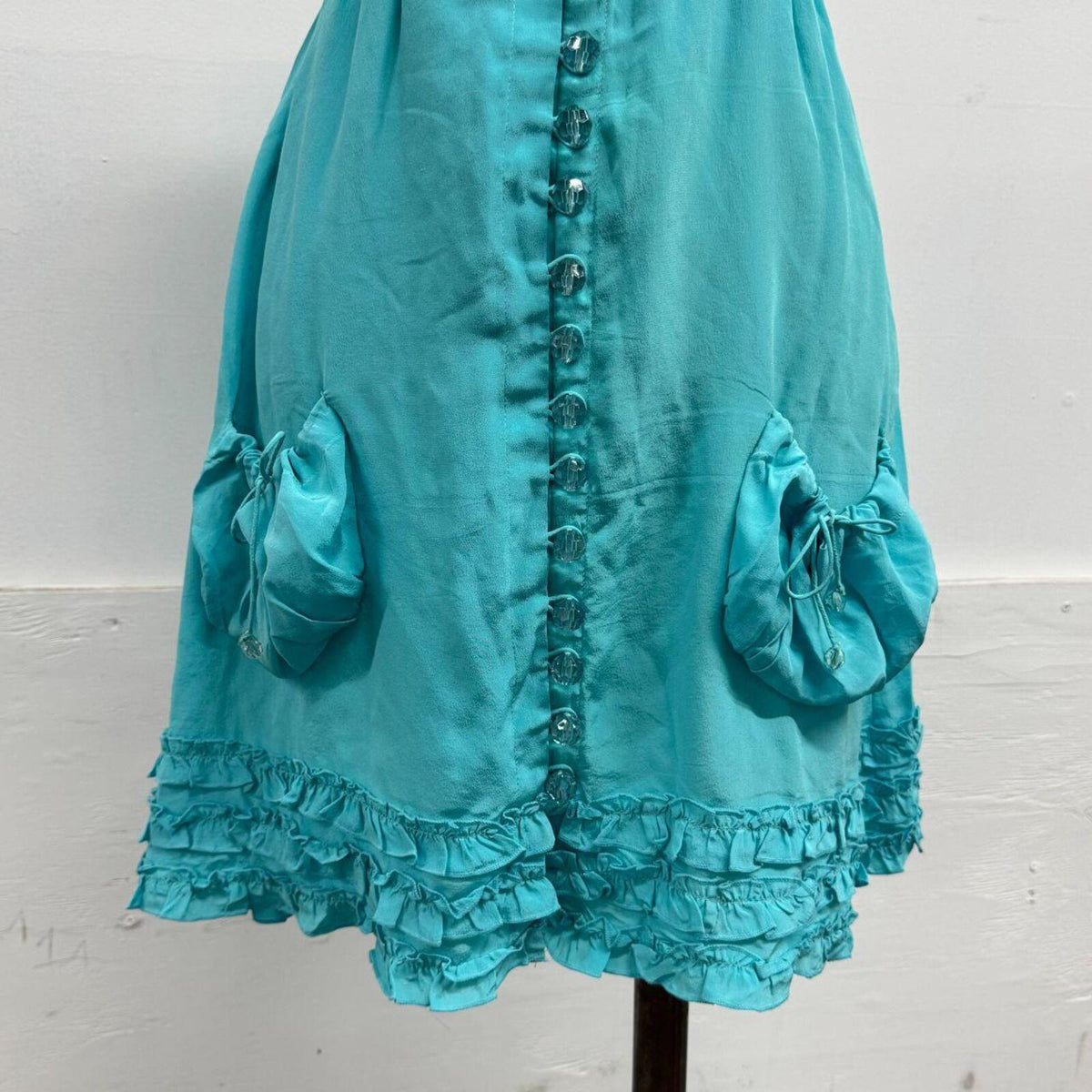Vintage Ducie 100% Silk Teal Button-Front Mini Dress
