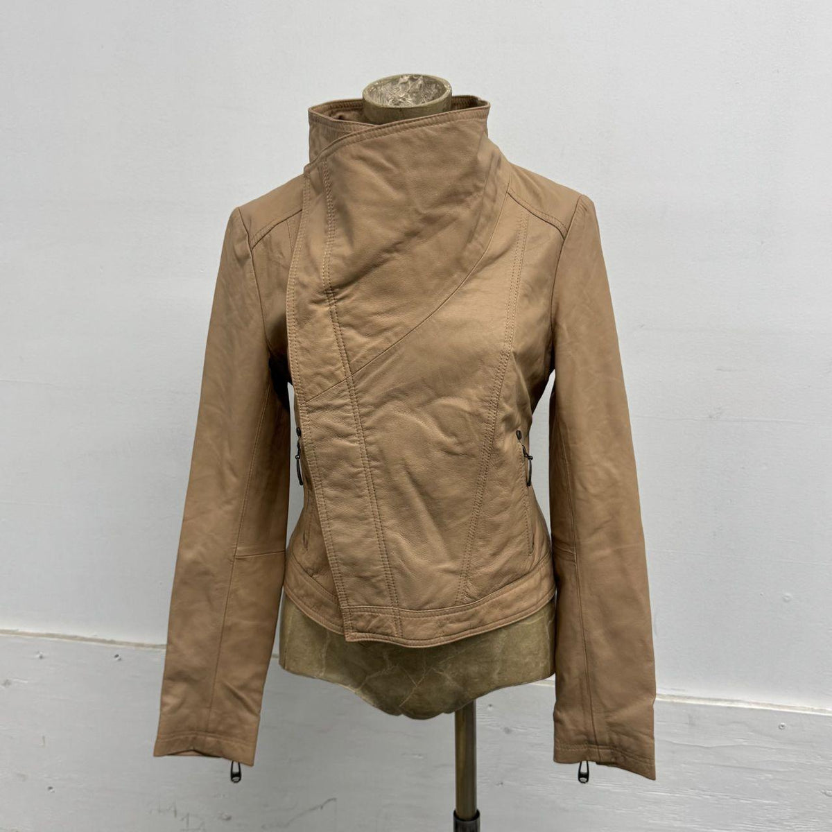 Vintage Tan Funnel Neck Asymmetric Avant Garde Leather Jacket
