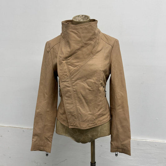 Vintage Tan Funnel Neck Asymmetric Avant Garde Leather Jacket