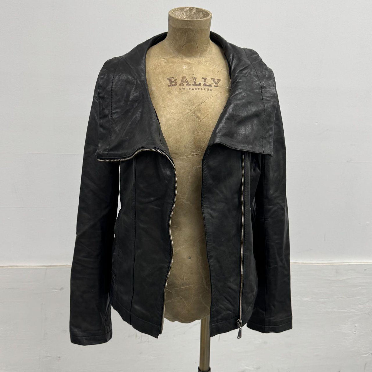 Vintage Black Big Collar Asymmetric Avant Garde Leather Jacket