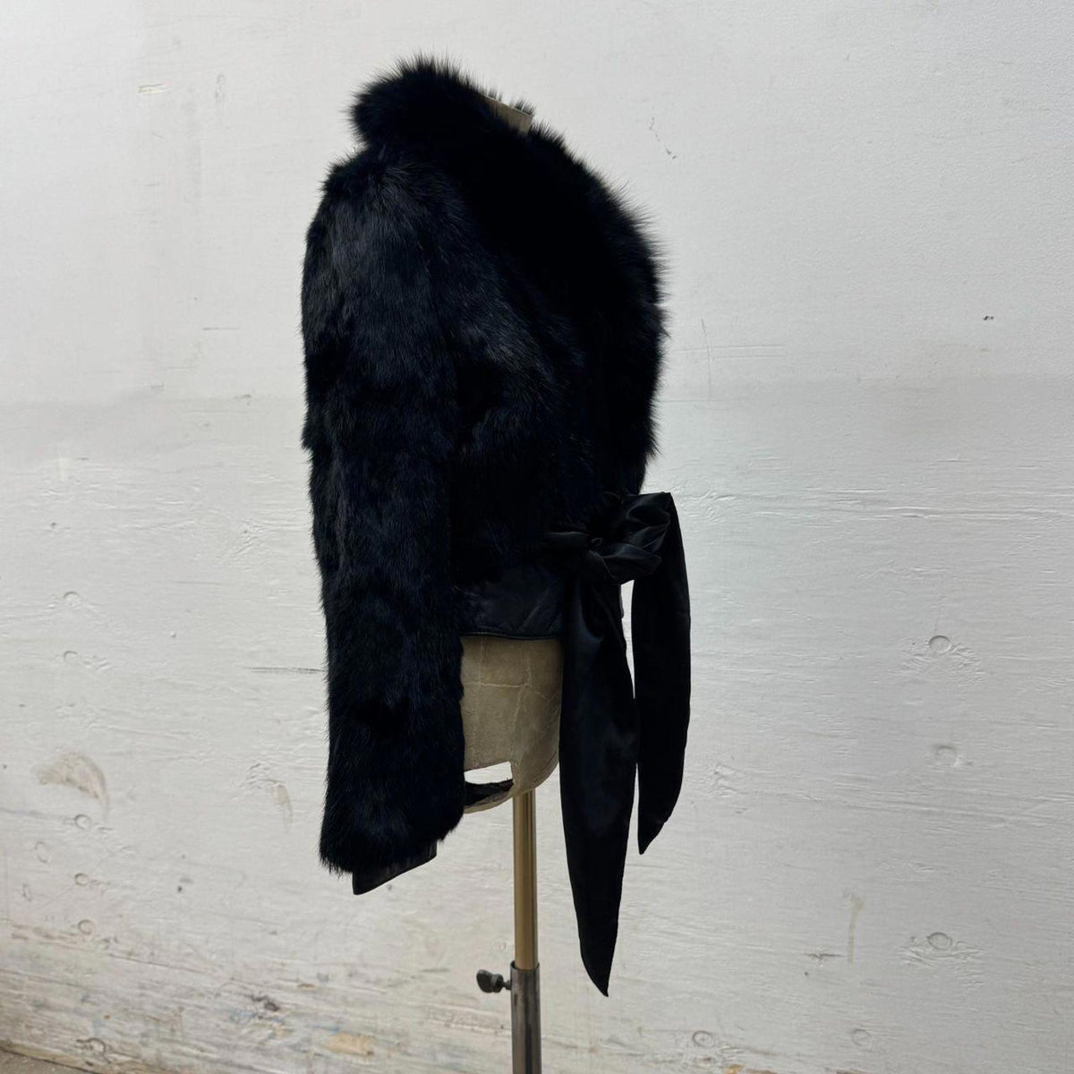 Vintage Y2K Cropped Satin Waist Tie Rabbit Fur & Leather Jacket Coat