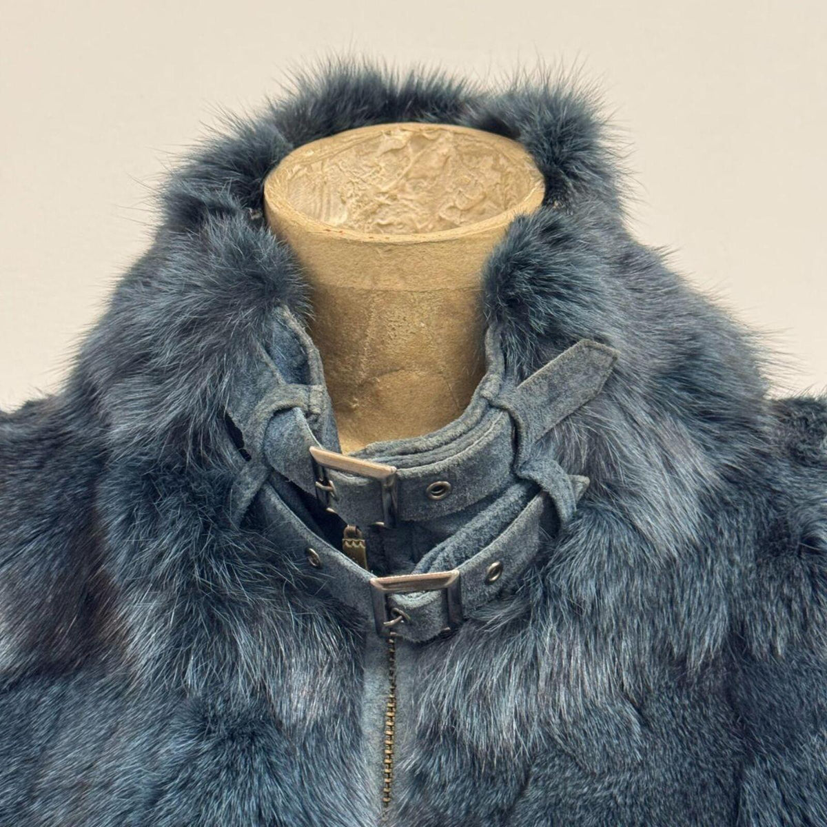 Vintage Y2K Slate Blue Fox Fur & Suede Vest
