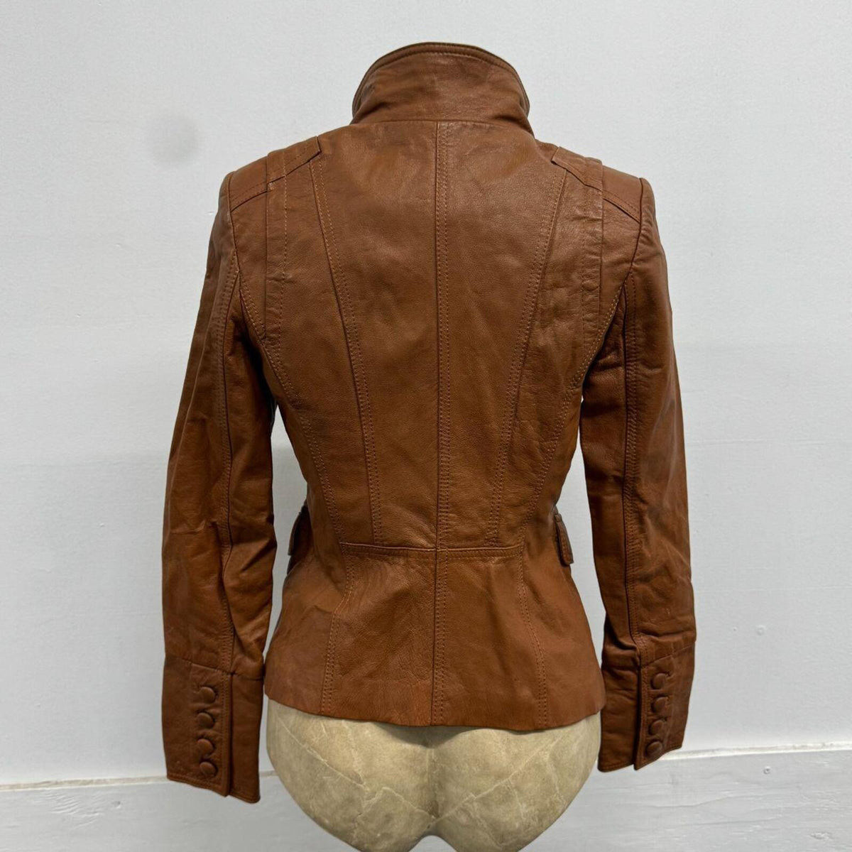 Vintage Cognac Brown Military Funnel Neck Leather Jacket