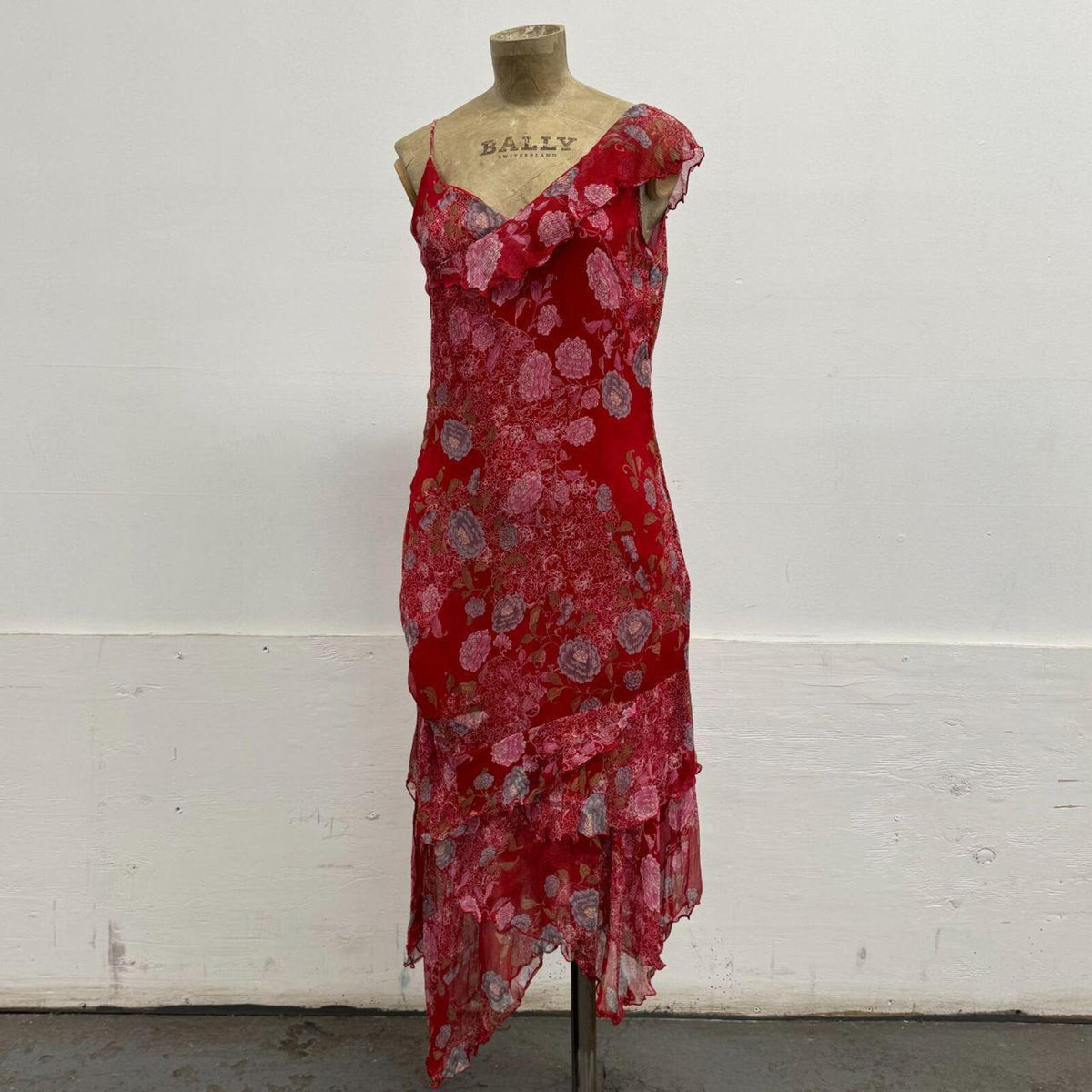 Vintage Etam Silk Floral Asymmetric Layered Dress Red Y2K