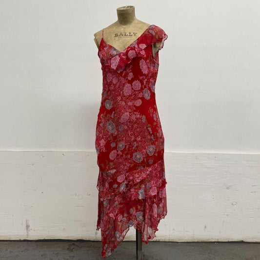 Vintage Etam Silk Floral Asymmetric Layered Dress Red Y2K