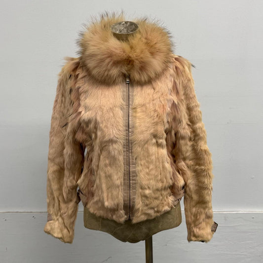 Vintage Y2K Pastel Blush Pink Rabbit Fur Bomber Jacket w Raccoon Fur Coat