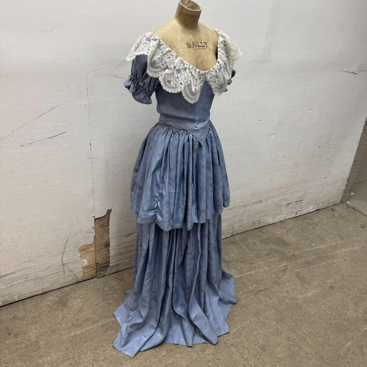 Vintage Film Costume 70s does Victorian Blue Damask Gown XXS