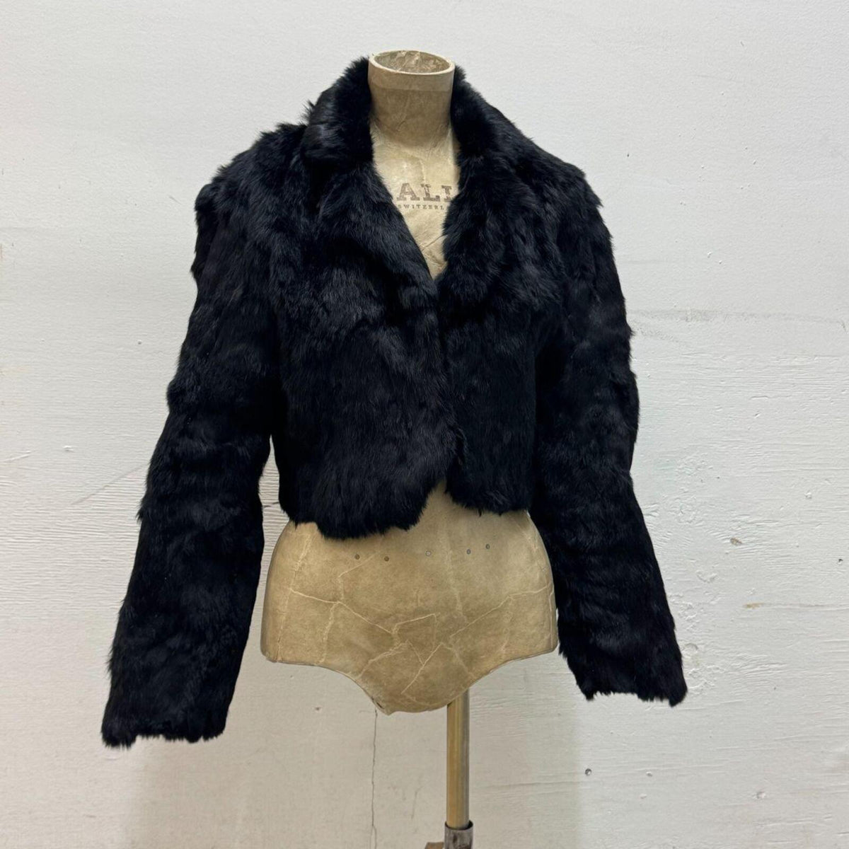 Y2K Vintage Black Rabbit Fur Cropped Jacket Coat