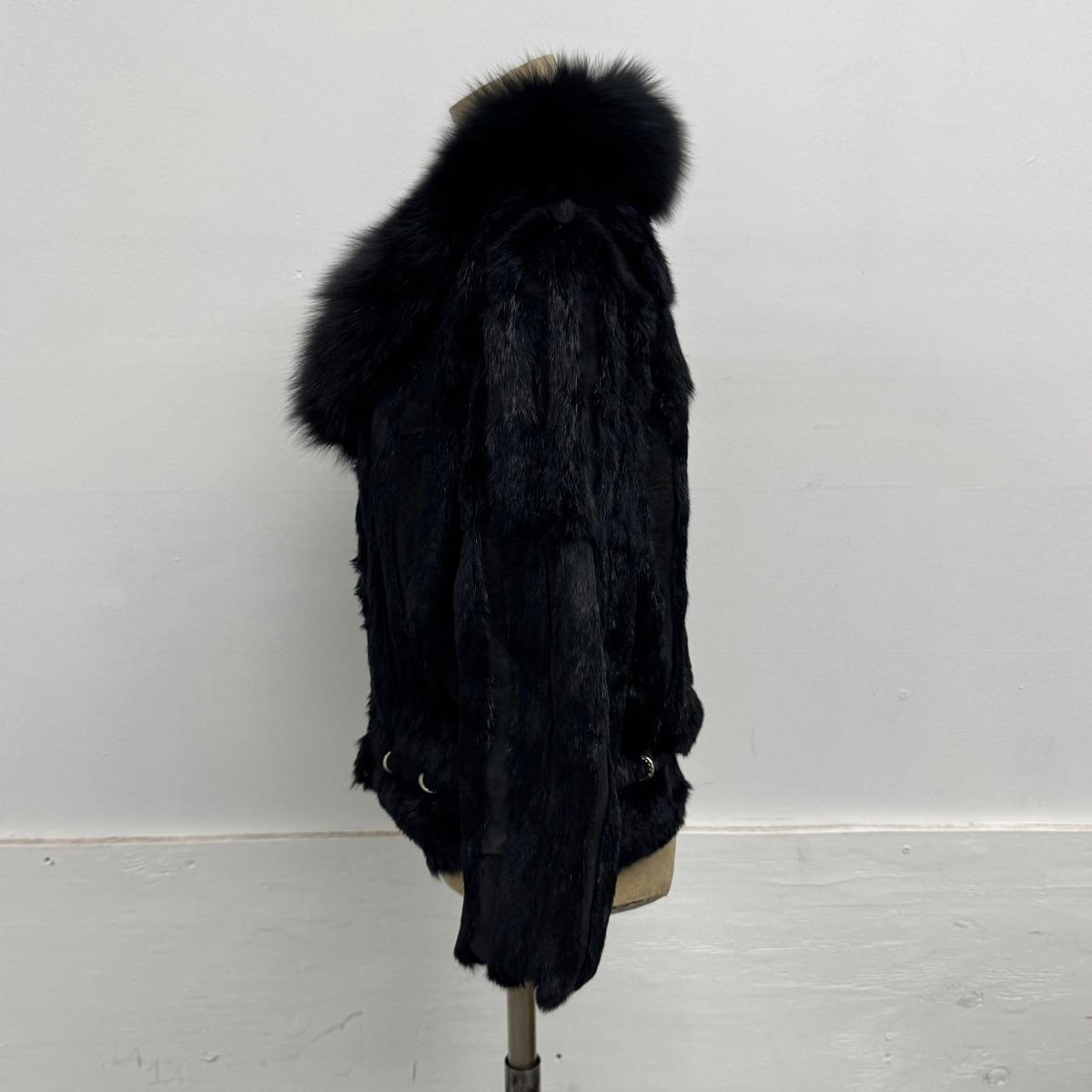 Vintage Y2K Black Rabbit & Fox Fur Pierced Jacket Coat