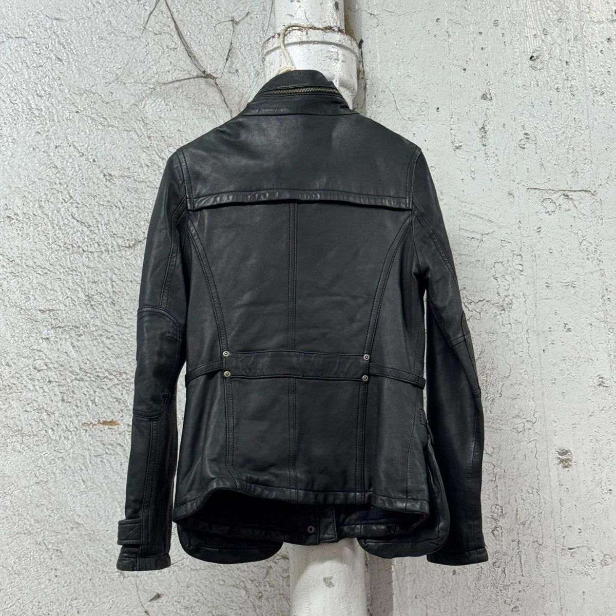 Vintage Technical "Cyber-Cargo" Funnel Neck Genuine Leather Jacket Black