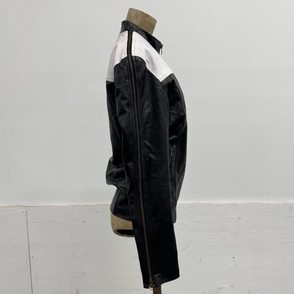 Vintage Harlequin Black & White Paneled Zip Sleeve Leather Jacket
