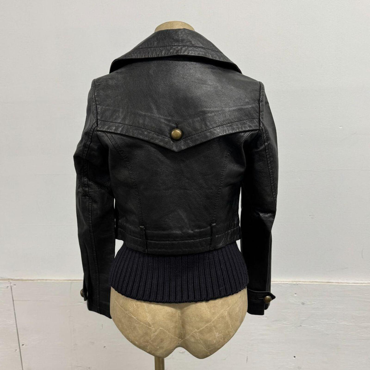 Vintage Black Military Trench Knit Hem Leather Jacket