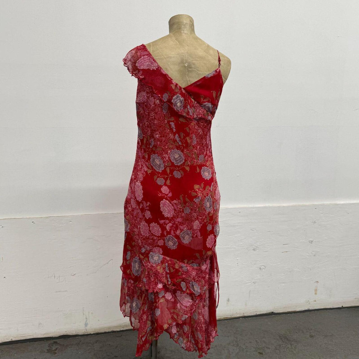 Vintage Etam Silk Floral Asymmetric Layered Dress Red Y2K