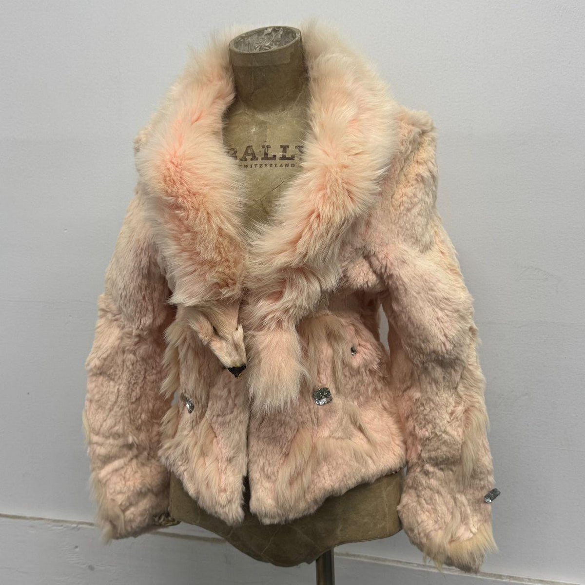 Vintage Y2K Baby Pink Pastel Rabbit & Fox Fur Jacket Coat w Rhinestones