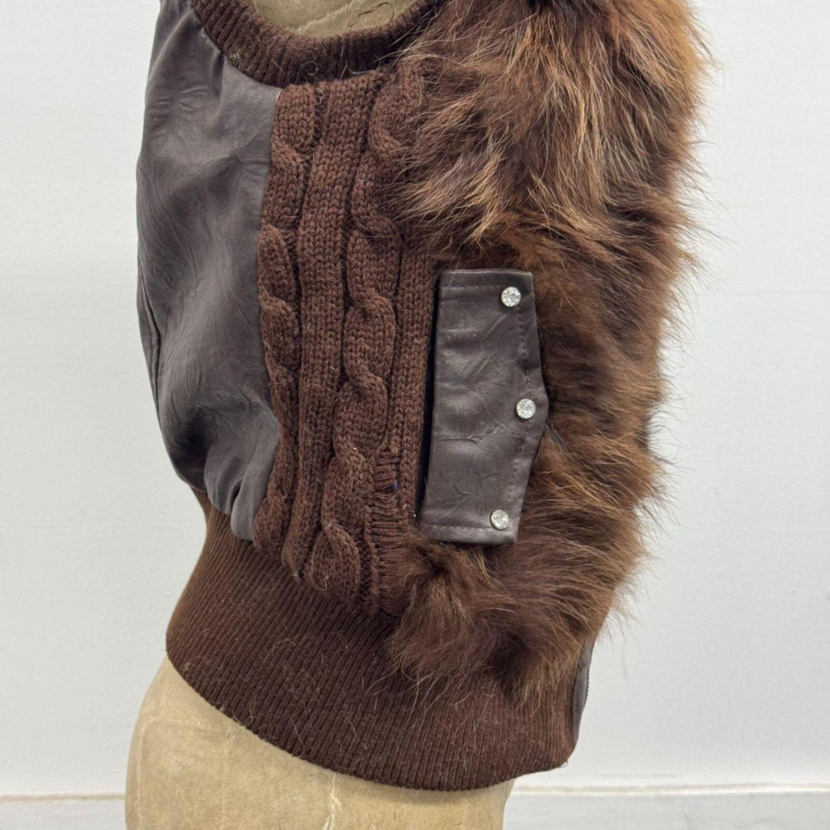 Vintage Y2K Chocolate Fox Fur & Leather Cable Knit Vest