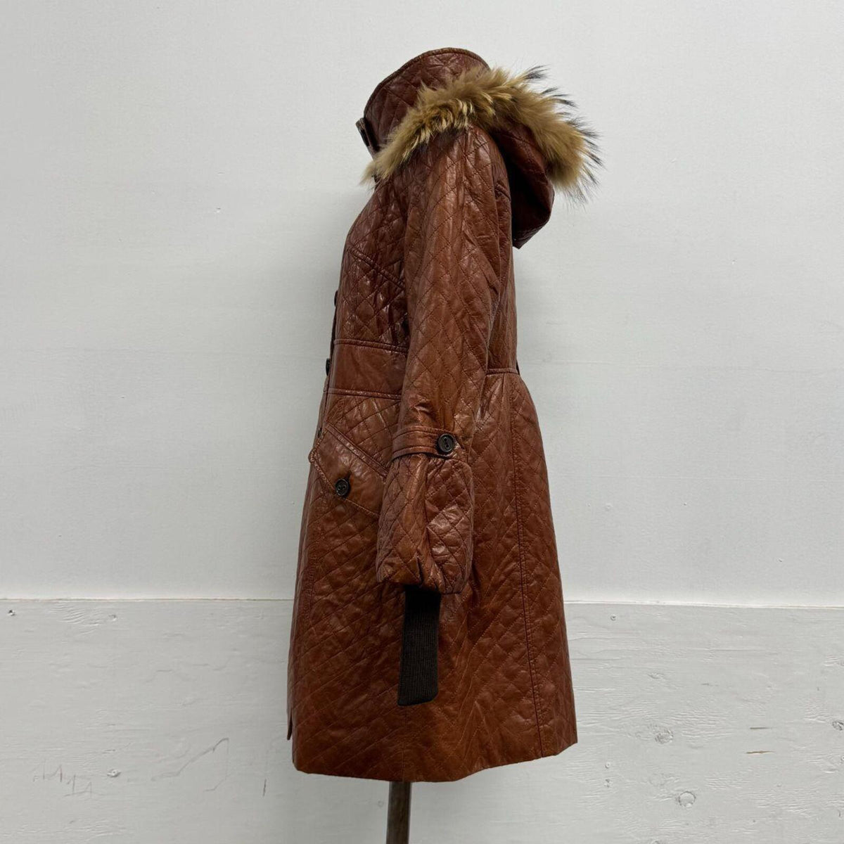 Vintage Cognac Brown Longline Detachable Hood Quilted Leather Jacket