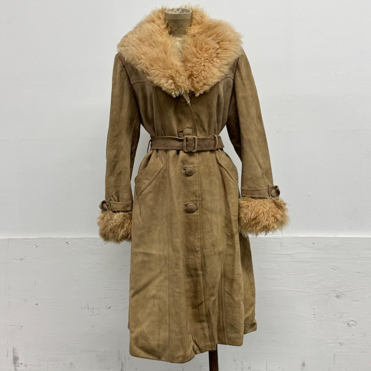 Vintage 1970s Tan Suede Afghan Trench Coat Mongolian Lamb Trim