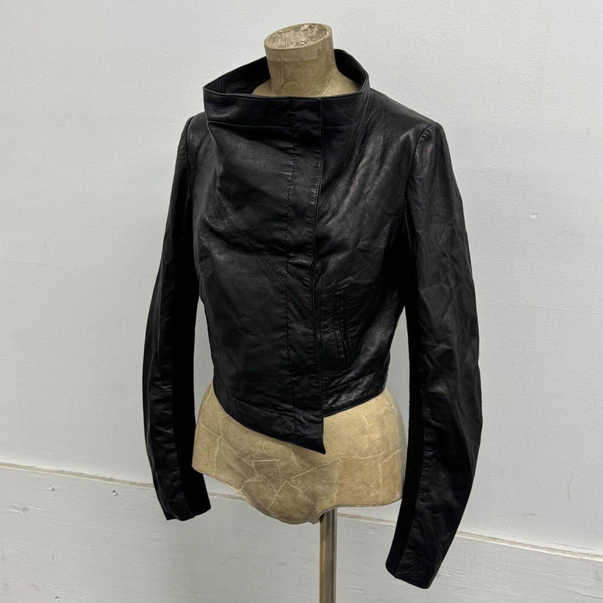 Vintage Black Funnel Neck Asymmetric Crop Avant Garde Leather Jacket