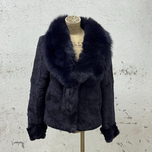 Y2K Vintage Midnight Blue Fox Rabbit Fur Statement Jacket Coat