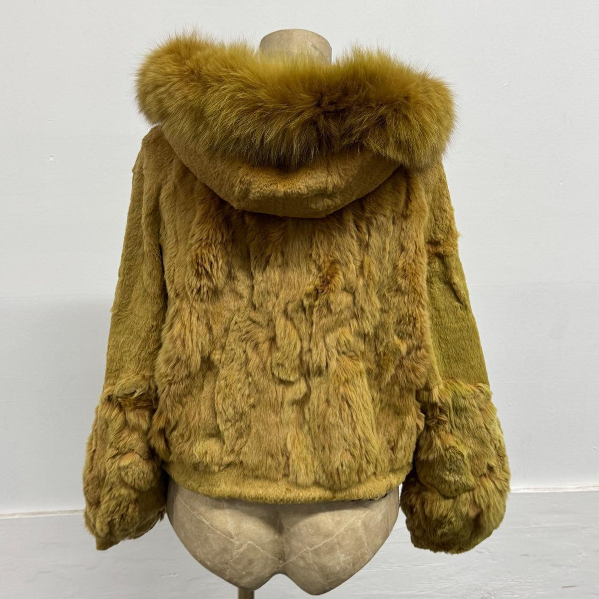 Vintage Y2K Hooded Gold Rabbit & Fox Fur Jacket Coat
