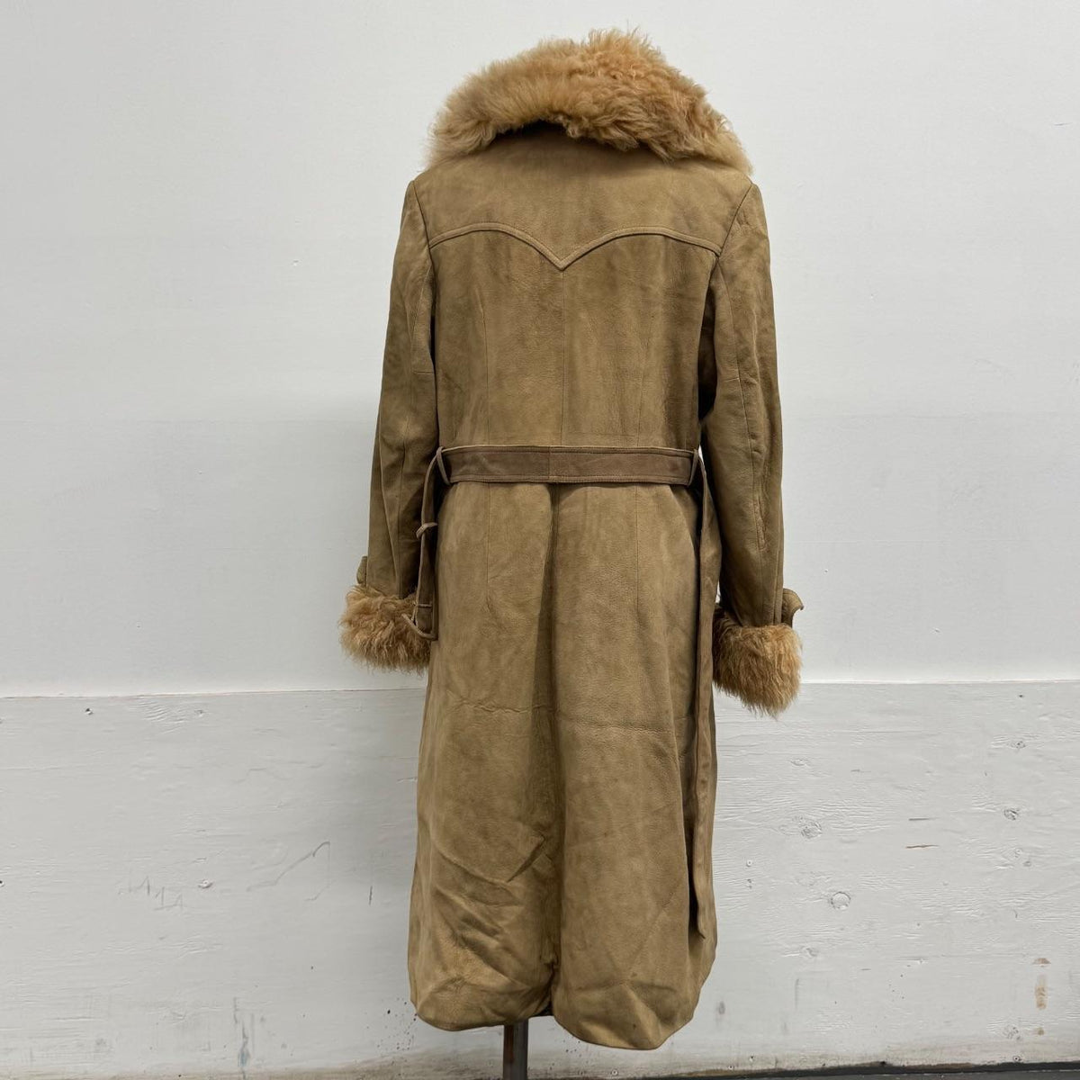 Vintage 1970s Tan Suede Afghan Trench Coat Mongolian Lamb Trim