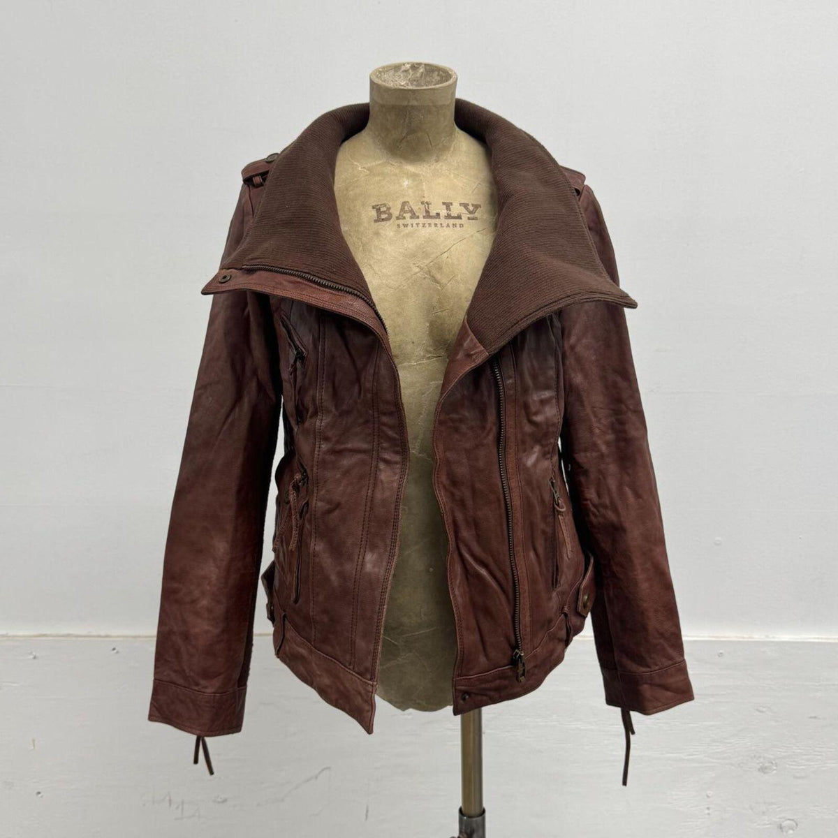 Vintage ONLY Cognac Goat Leather Architectural Funnel Neck Jacket
