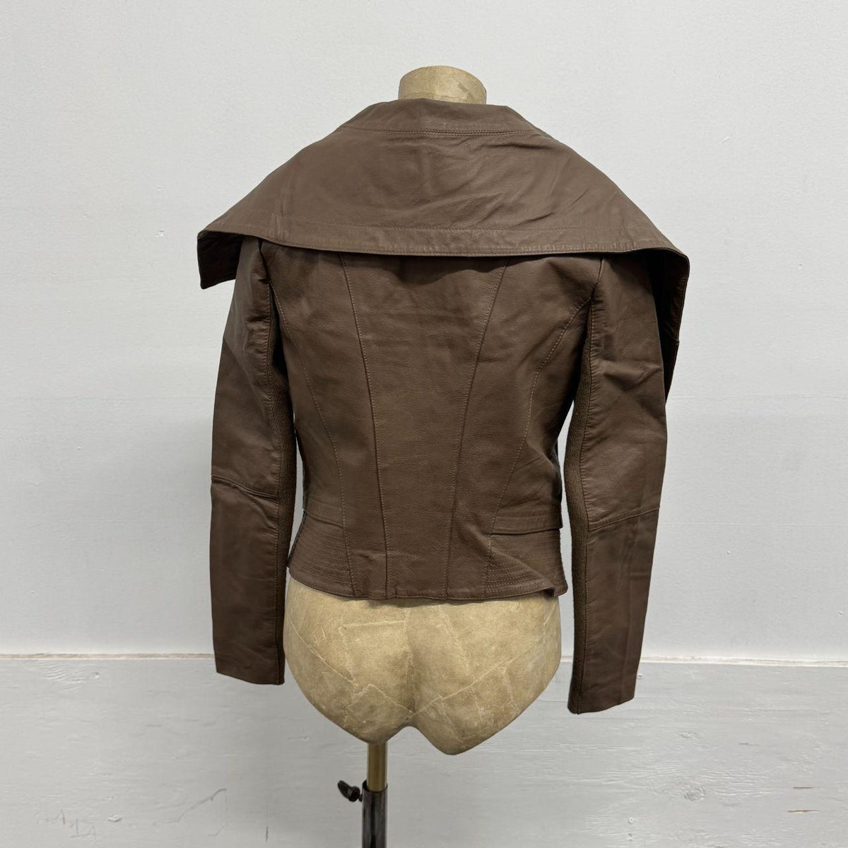 Vintage Brown Funnel Neck Asymmetric Avant Garde Leather Jacket
