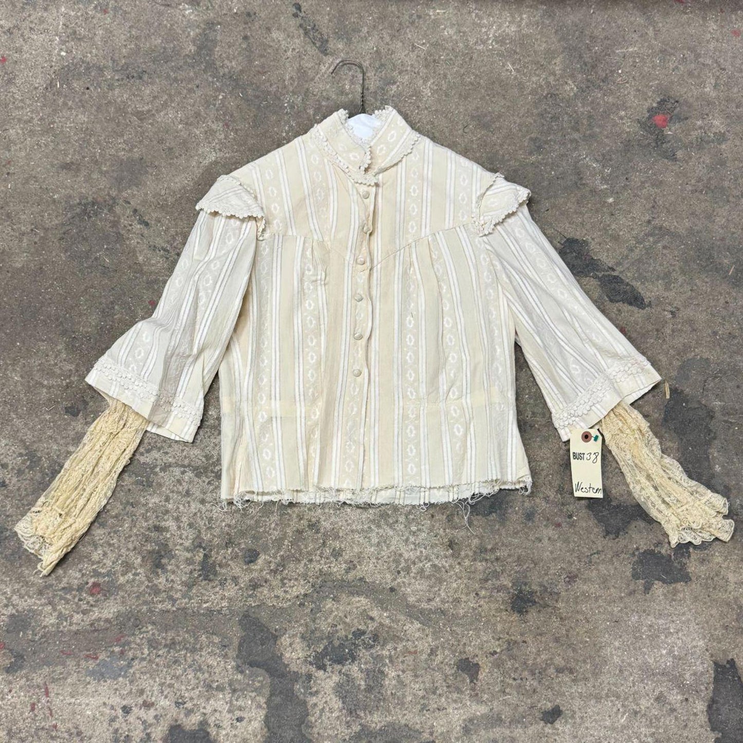 Vintage Film Costume 40s 50s Does Victorian Antique Style Ivory Striped Blouse M