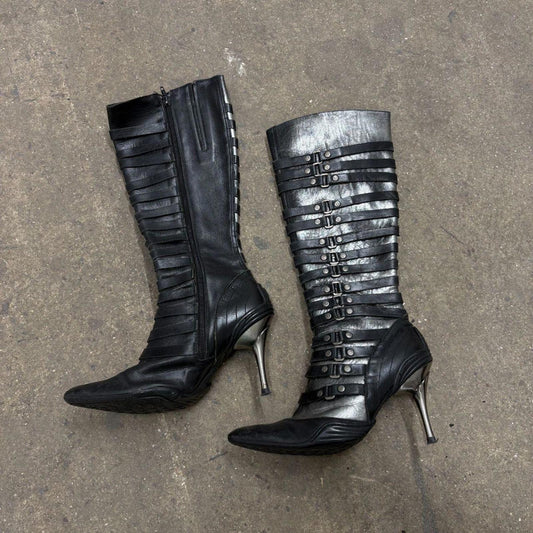 Vintage Y2K New Rock Black & Silver Metallic Stiletto Boots