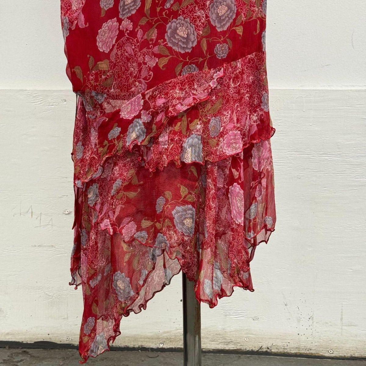 Vintage Etam Silk Floral Asymmetric Layered Dress Red Y2K