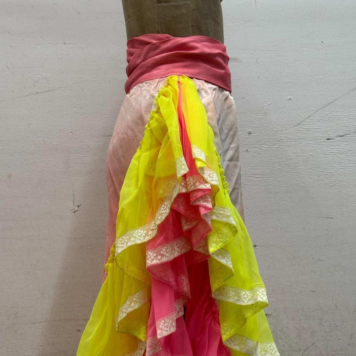 Vintage Broadway Costume 70s Neon Ruffle Maxi Wrap Skirt