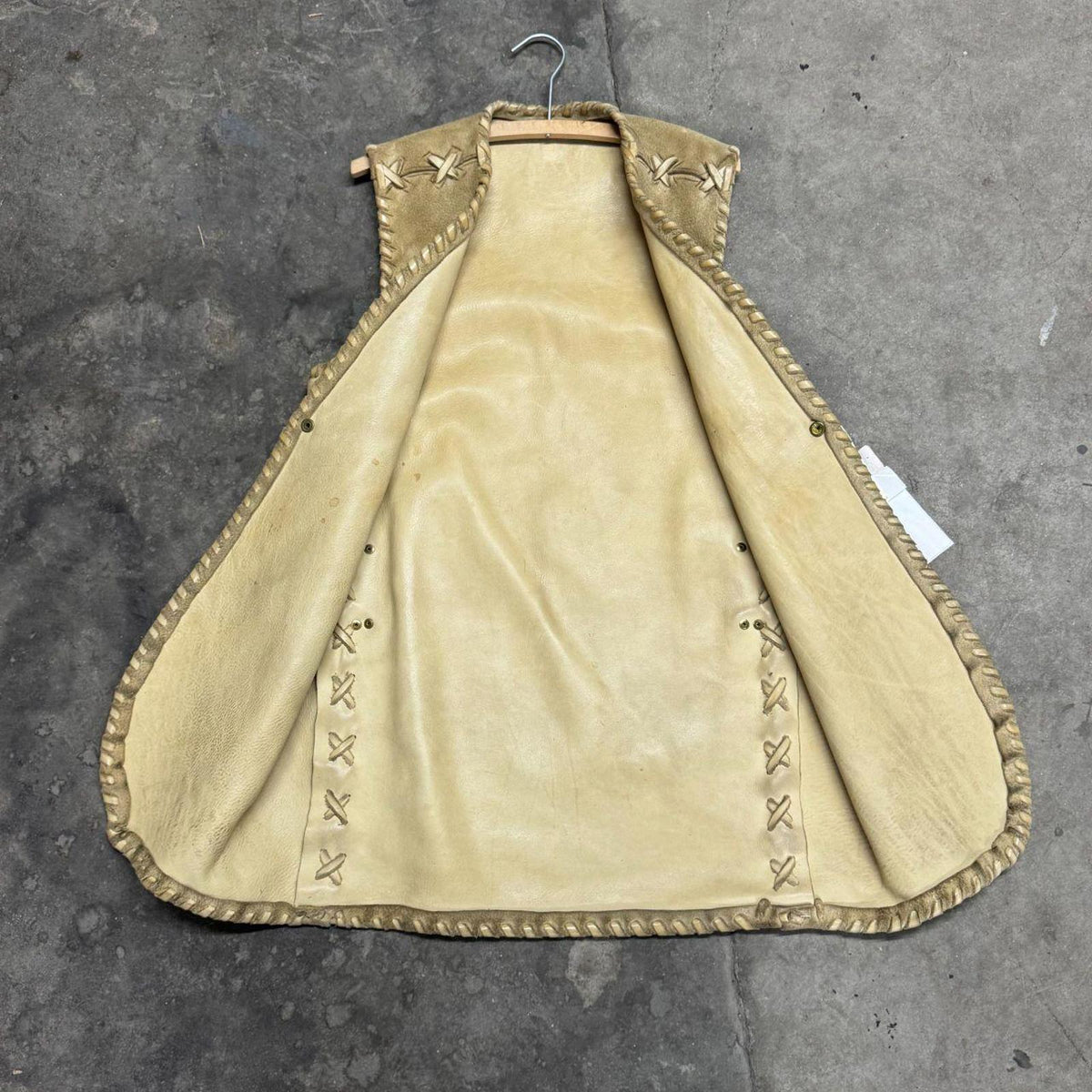 Vintage 60s 70s Suede Buckskin Western Film Costume Vest Stenciled Whipstitch