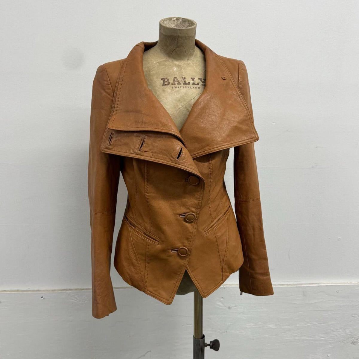 Vintage Tan Funnel Neck Asymmetric Avant Garde Military Leather Jacket