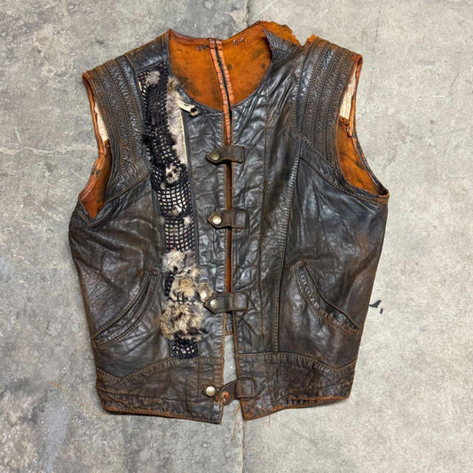 Vintage 60s 70s Leather Fur Western Film Costume Vest Distressed Thrashed