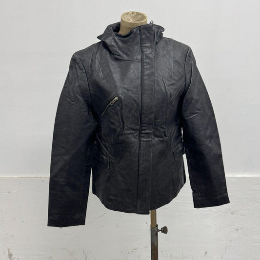 Vintage Next Woman Black Funnel Neck Leather Jacket XL