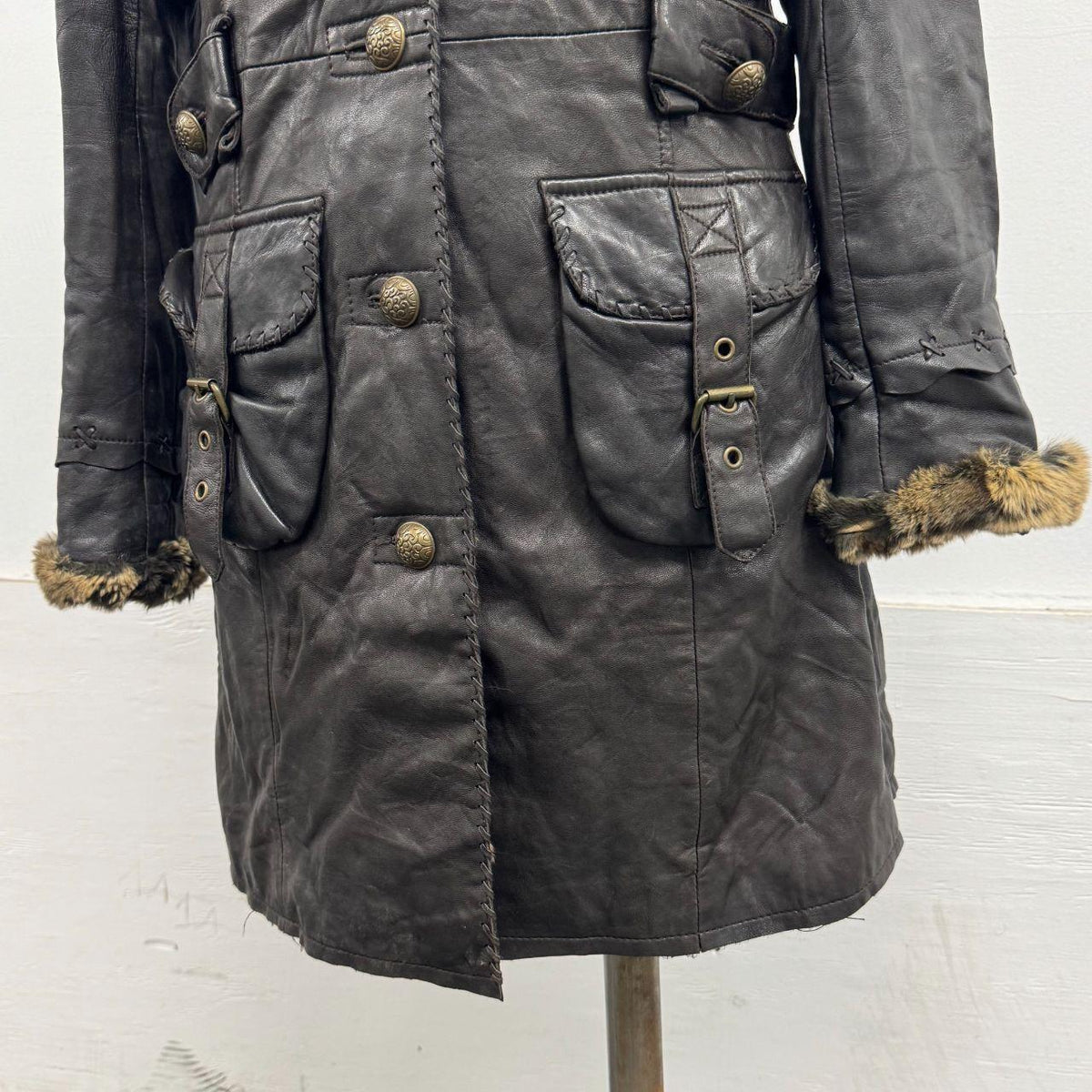Vintage Y2K SINBOS Leather and Rabbit Fur Hooded Utility Trench Parka