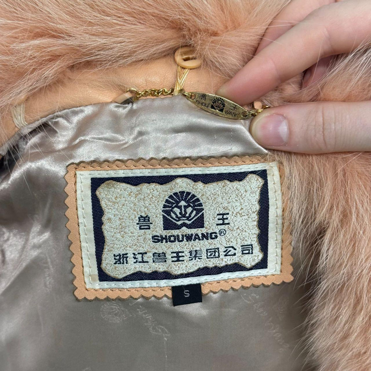 Vintage Y2K Peach Leather Afghan Trench Coat w Fox Fur Trim