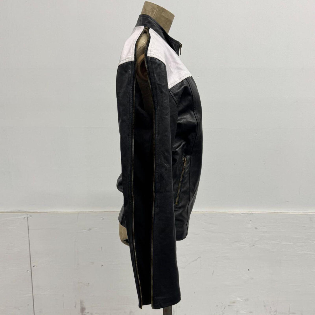 Vintage Harlequin Black & White Paneled Zip Sleeve Leather Jacket
