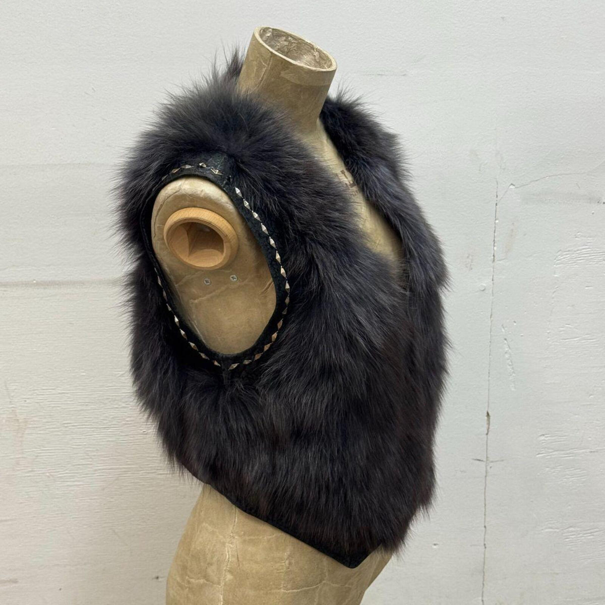 Vintage Charcoal Gray Y2K Studded Fox Fur Statement Vest