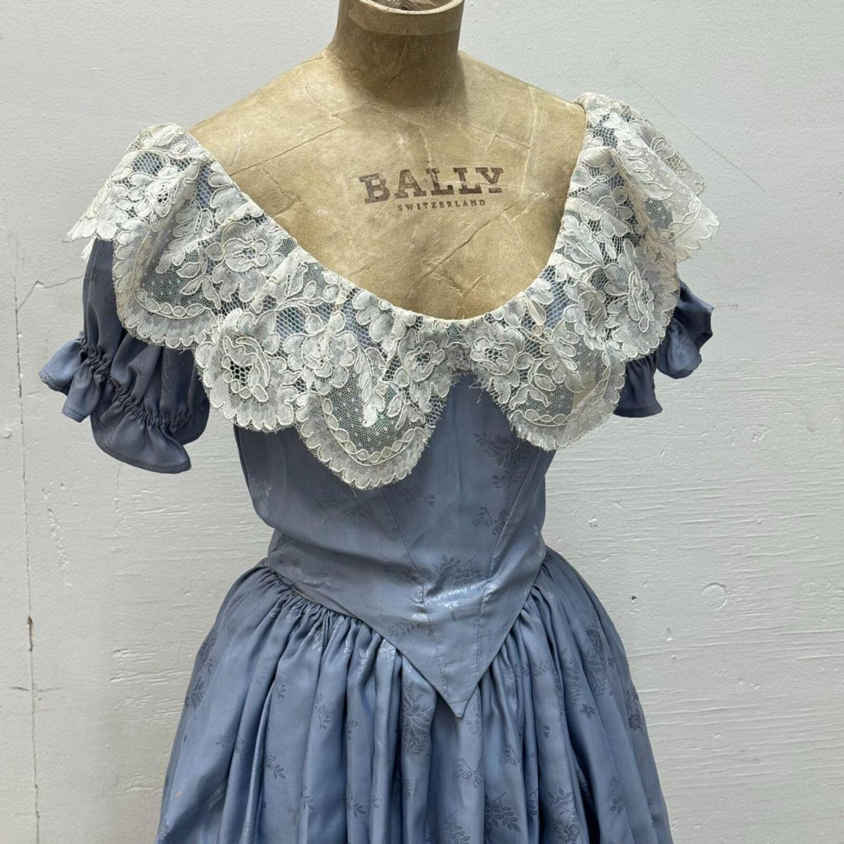 Vintage Film Costume 70s does Victorian Blue Damask Gown XXS
