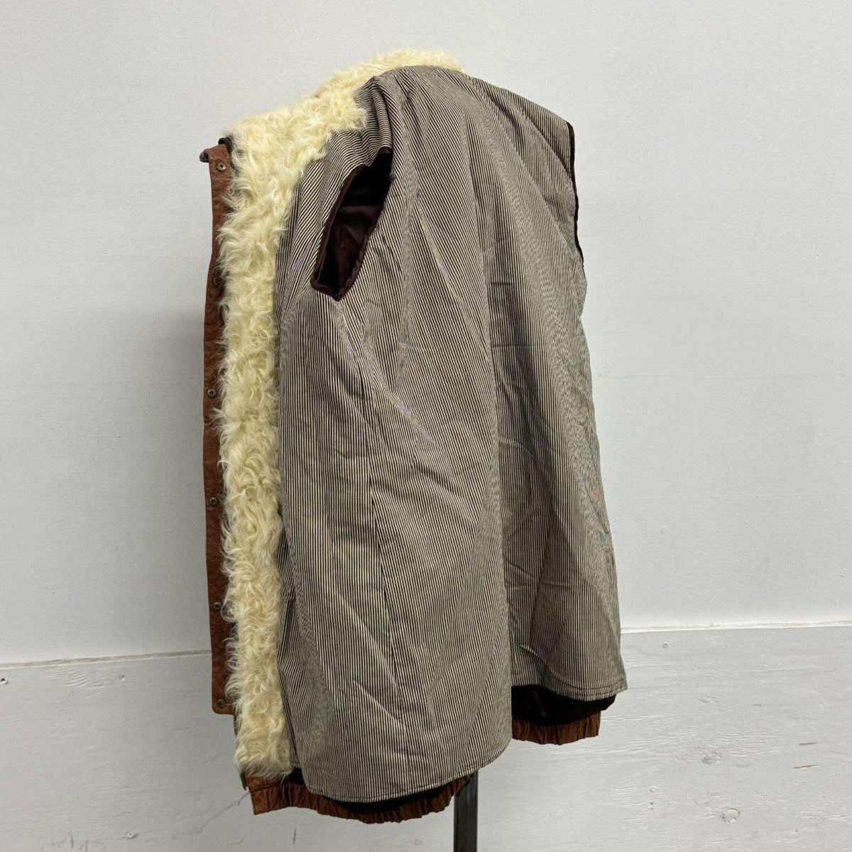 Vintage Tan Funnel Neck Shearling Lined Longline Leather Jacket