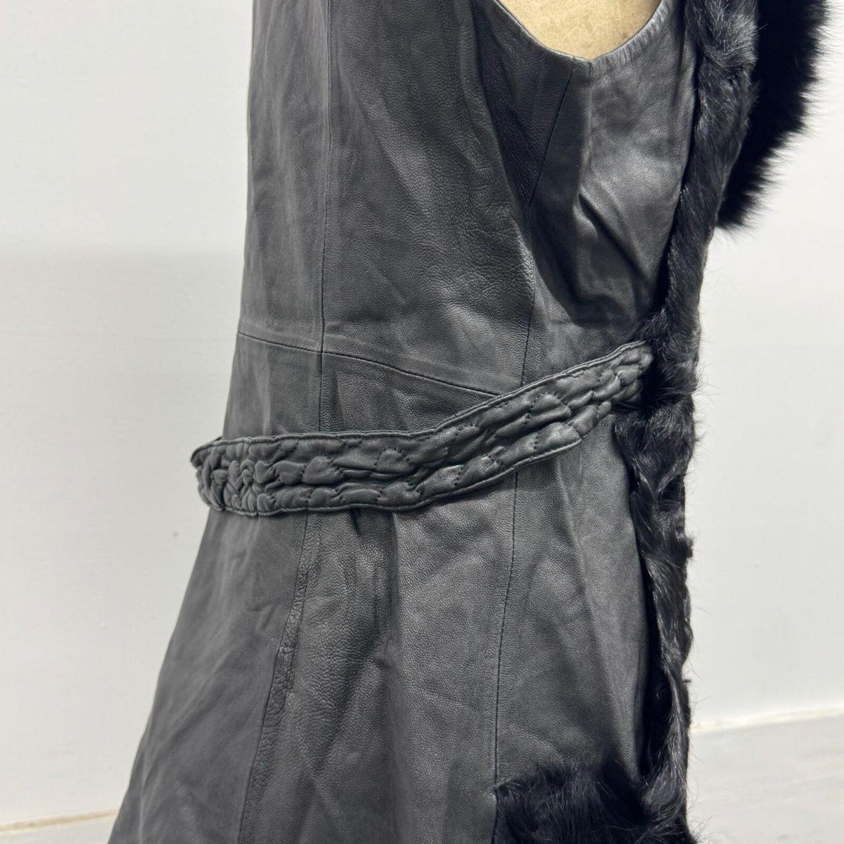 Vintage Black Fox Fur Leather & Curly Wool Vest
