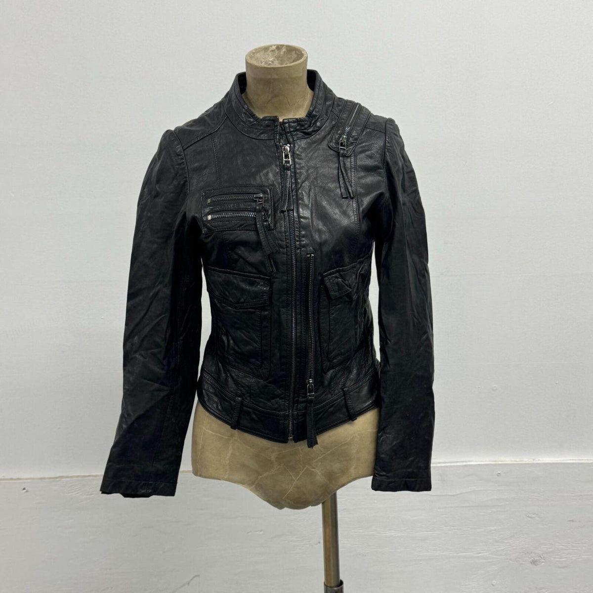 Vintage Black Multi-Zip Cargo Lambskin Leather Moto Jacket