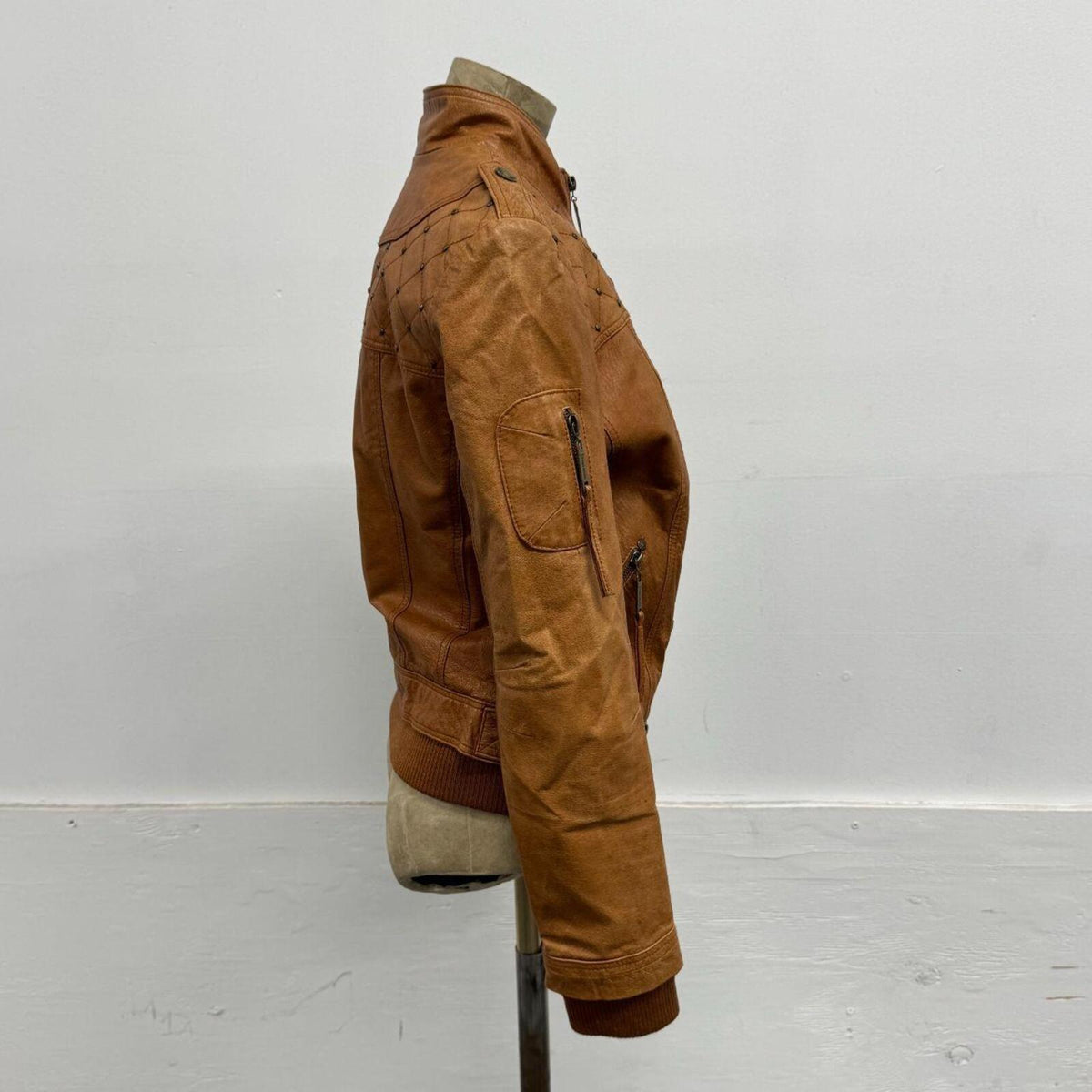 Vintage Tan Cognac Military Style Leather Jacket