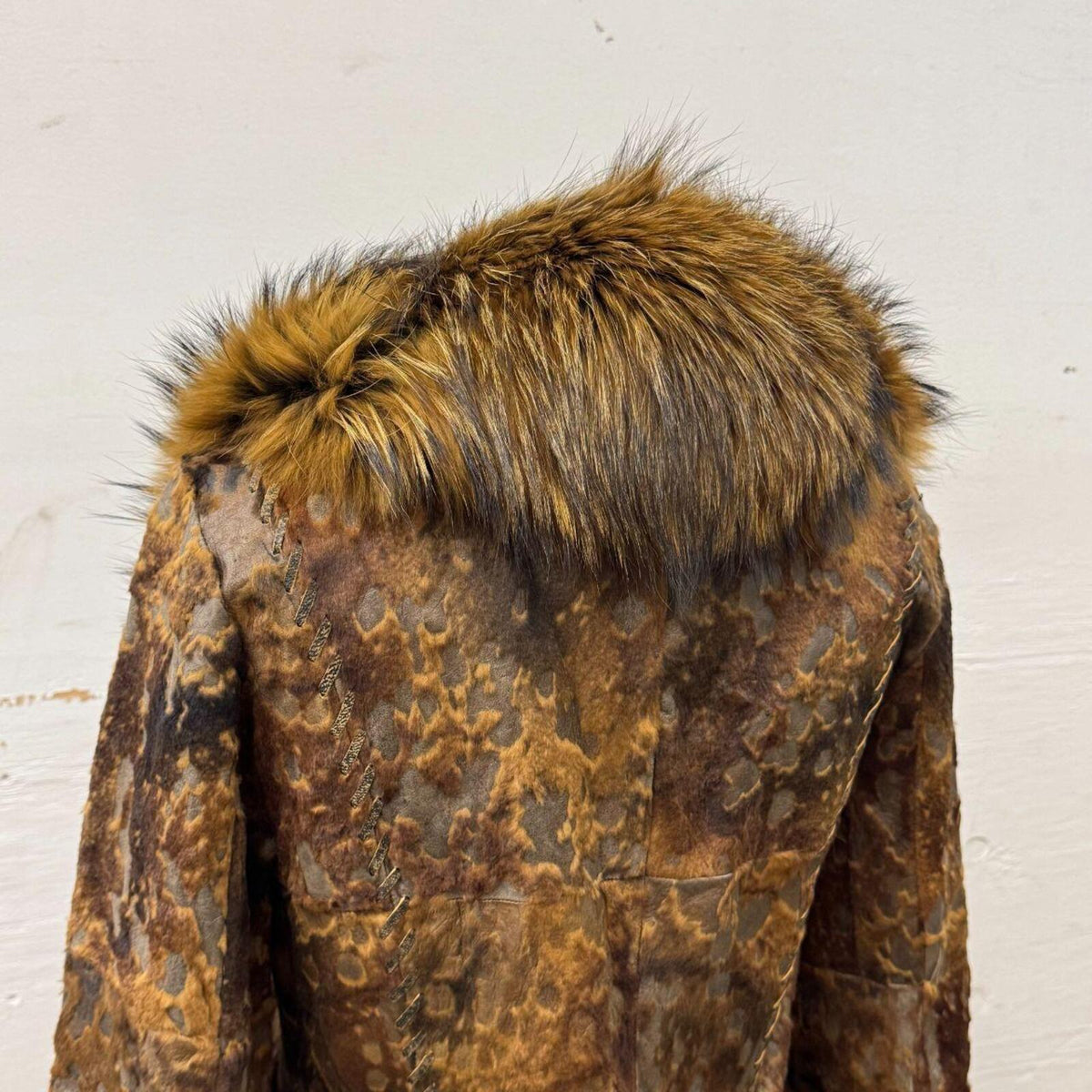 Vintage Y2K Brown Burnout Calfskin & Raccoon Fur Jacket Coat