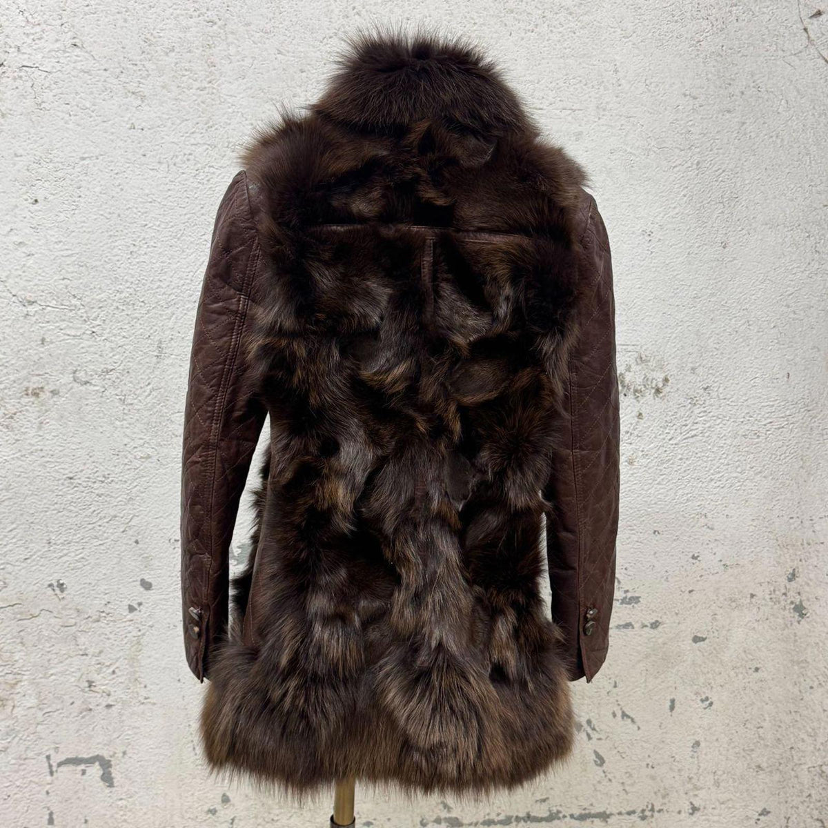 Vintage Brown Y2K Real Quilted Leather & Fox Fur Jacket Coat