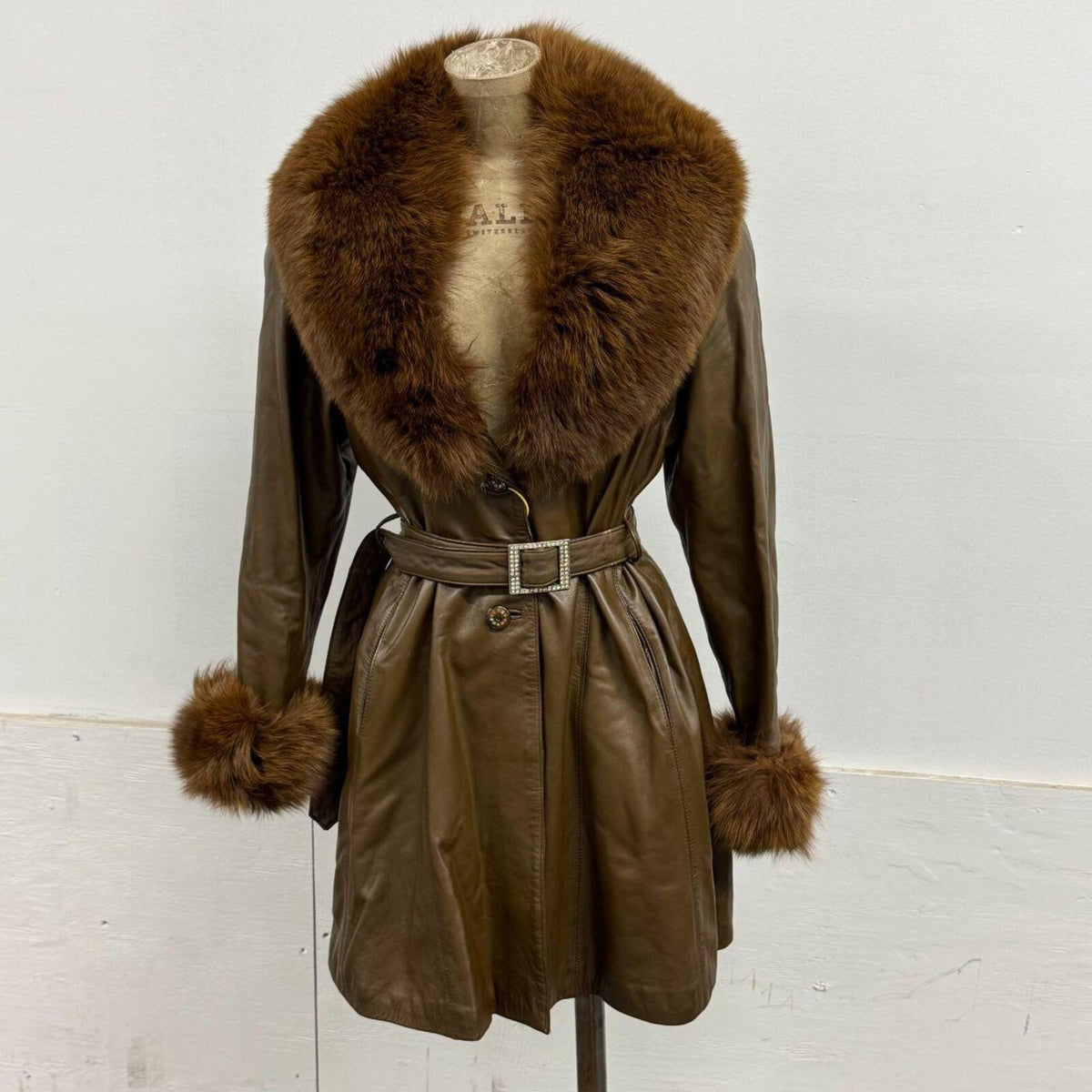 Vintage Y2K Brown Real Leather & Fox Fur "Mob Wife" Trench Coat