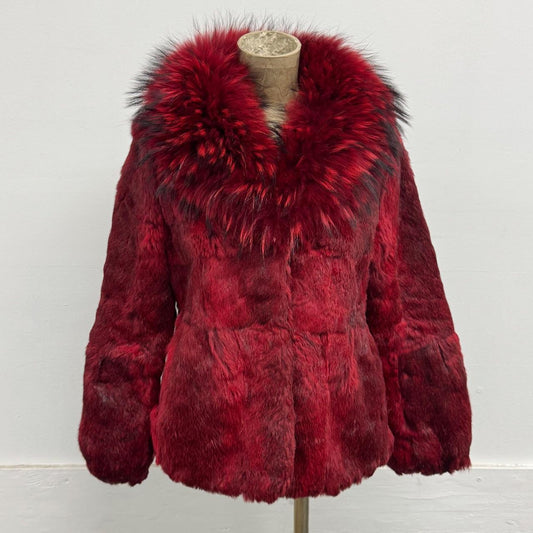 Vintage Burgundy Red Y2K Rabbit & Raccoon Fur Jacket Coat