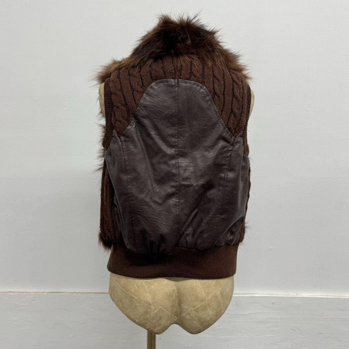 Vintage Y2K Chocolate Fox Fur & Leather Cable Knit Vest